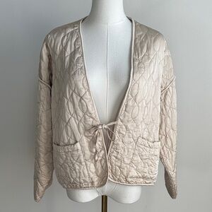 Neutral Cream Silk Blend Relaxed Fit Coastal Grandma Coquette Quilted Jacket M